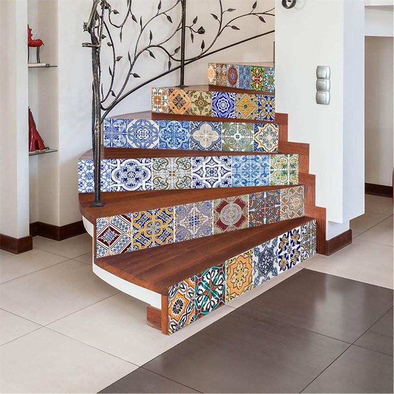 TUOKING 13 Strips Stair Stickers, PVC Home Decor Decals, Self-Adhesive Refurbished Staircase Murals, 39''L x 7''W, Tiles Pattern (Ceramic Tiles Pattern) - Image 4